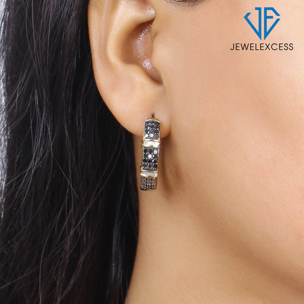 1 Carat Black & White Diamond Hoop Earrings in Sterling Silver Or 14K Gold-Plated