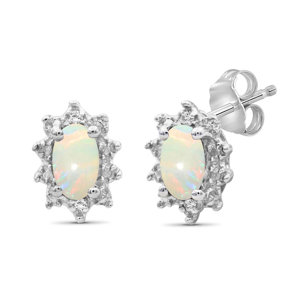 0.28 Carat T.G.W. Opal Gemstone and White Diamond Accent Sterling Silver Earrings