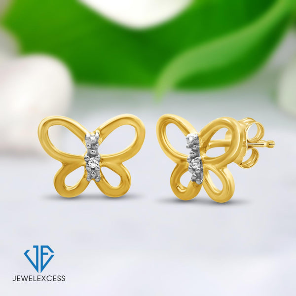 Accent White Diamond Butterfly Earrings in 14K Gold Over Silver