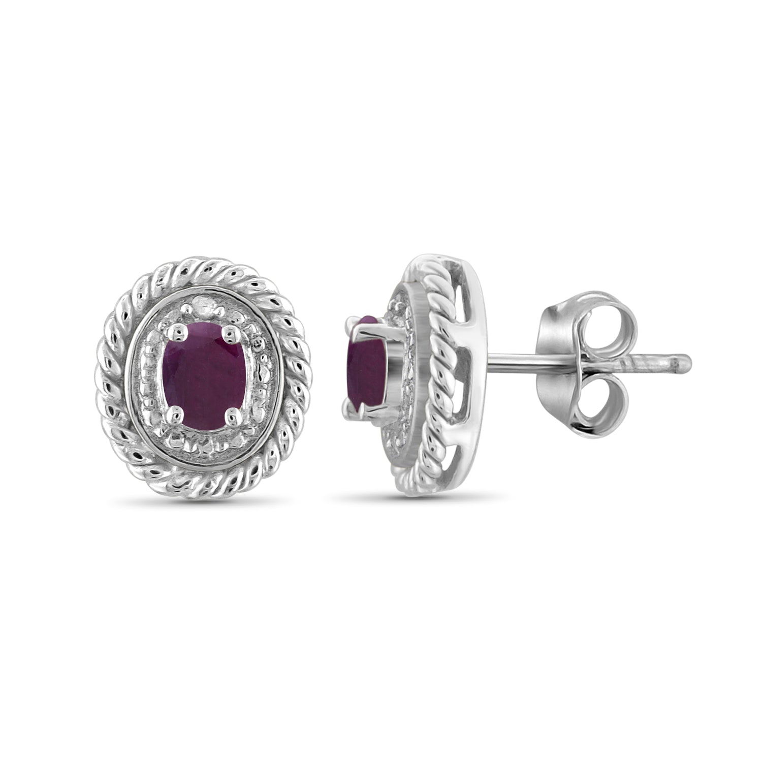 0.38 Ctw Ruby Gemstone and Accent White Diamond Sterling Silver Stud Earrings