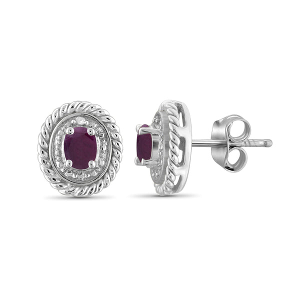 0.38 Ctw Ruby Gemstone and Accent White Diamond Sterling Silver Stud Earrings