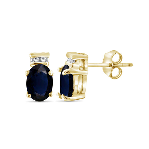 1.34 Carat Sapphire Gemstone and 1/20 Carat White Diamond 14K Gold-Plated Stud Earrings