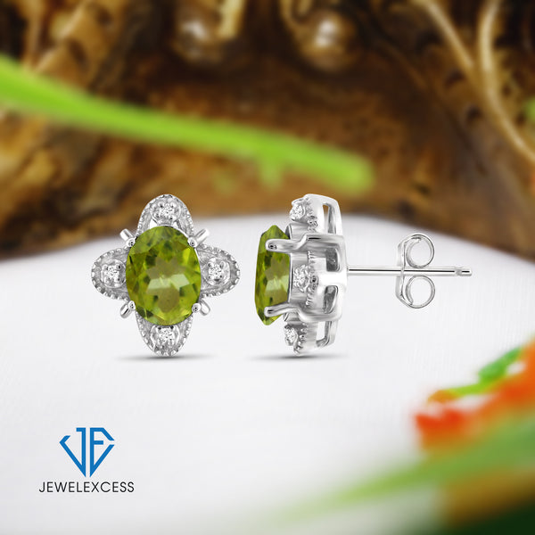 1 1/2 Carat T.G.W. Peridot And White Diamond Accent Sterling Silver Stud Earrings