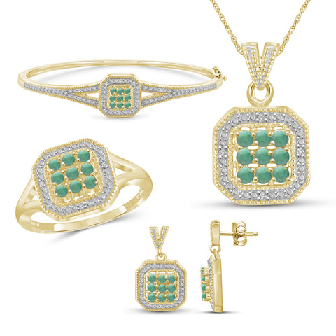 2 3/4 Carat T.G.W. Emerald And 1/7 Carat T.W. White Diamond 14K Gold-Plated 4-Piece Jewelry Set