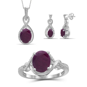 5.45 CTW Ruby & 1/20 Carat White Diamond Sterling Silver 3-Piece Jewelry set