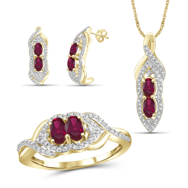 2.00 Carat T.G.W. Ruby And White Diamond Accent 14K Gold-plated 3-Piece Jewelry set