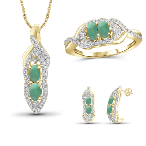 1 3/4 Carat T.G.W. Emerald And 1/20 Carat White Diamond 14K Gold-Plated 3-Piece Jewelry set