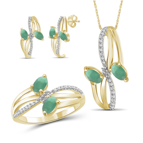 1 3/4 Carat T.G.W. Emerald And 1/20 Carat White Diamond 14K Gold-Plated 3-Piece Jewelry set