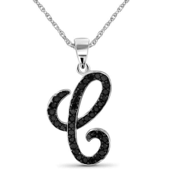 1/4 Carat Black Diamond Initial Letter Pendant Necklace for Women | .925 Sterling Silver A to Z Alphabet Monogram Necklaces for Girls | Script Capital Letters | Personalized Jewelry Gift for Her