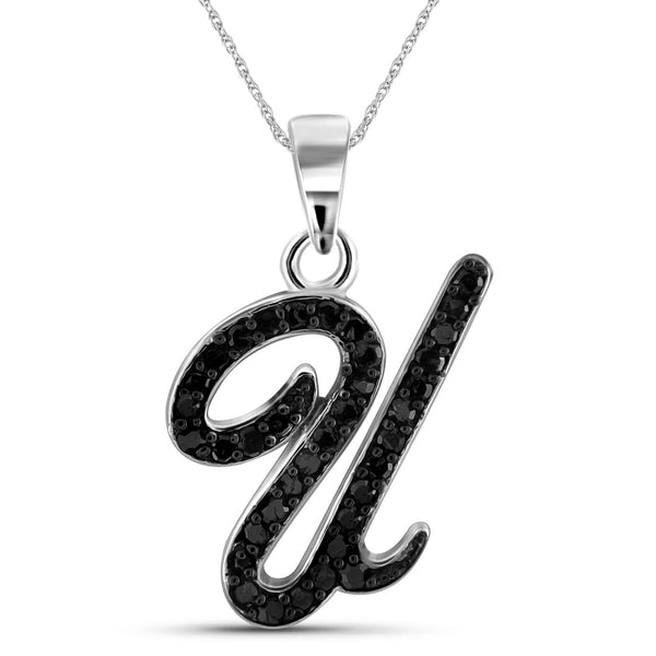 1/4 Carat Black Diamond Initial Letter Pendant Necklace for Women | .925 Sterling Silver A to Z Alphabet Monogram Necklaces for Girls | Script Capital Letters | Personalized Jewelry Gift for Her