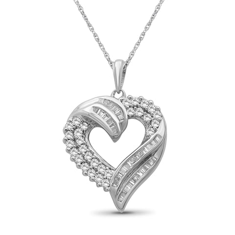 Sterling Silver (.925) Heart Necklace with 1.00 Carat White Diamonds | Jewelry for Women with Round & Baguette White Diamonds & 18 inch Rope Chain with Spring Clasp