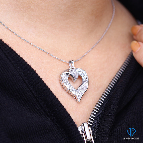 Sterling Silver (.925) Heart Necklace with 1.00 Carat White Diamonds | Jewelry for Women with Round & Baguette White Diamonds & 18 inch Rope Chain with Spring Clasp