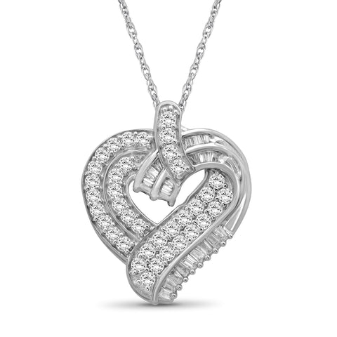 Sterling Silver (.925) Heart Necklace with 1.00 Carat White Diamonds | Jewelry for Women with Round & Baguette White Diamonds & 18 inch Rope Chain with Spring Clasp