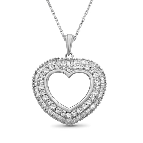 Sterling Silver (.925) Heart Necklace with 1.00 Carat White Diamonds | Jewelry for Women with Round & Baguette White Diamonds & 18 inch Rope Chain with Spring Clasp