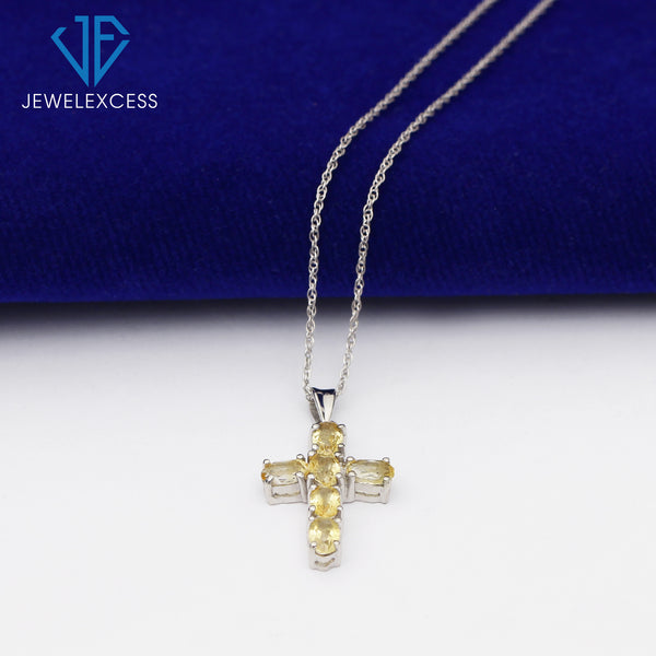 1.32 Carat T.G.W. Citrine Gemstone Sterling Silver Or 14K Gold Plated Cross Pendant, 18"