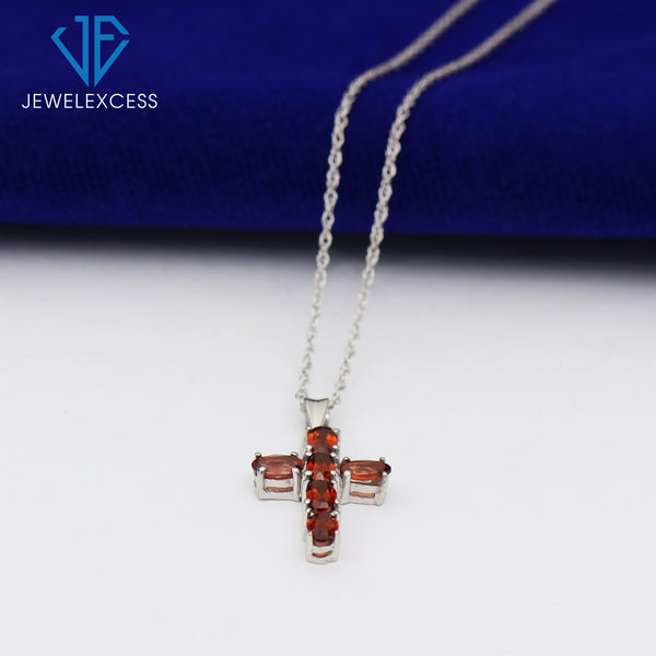 1 3/4 Carat T.G.W. Garnet Sterling Silver Cross Pendant, 18"