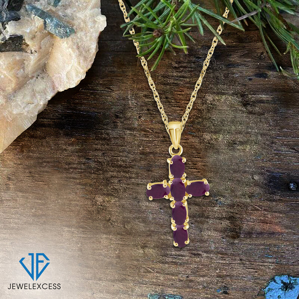 1.56 Carat Ruby Gemstone Cross 14K Gold-Plated Pendant