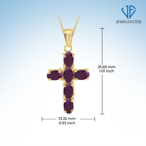 1.56 Carat Ruby Gemstone Cross 14K Gold-Plated Pendant