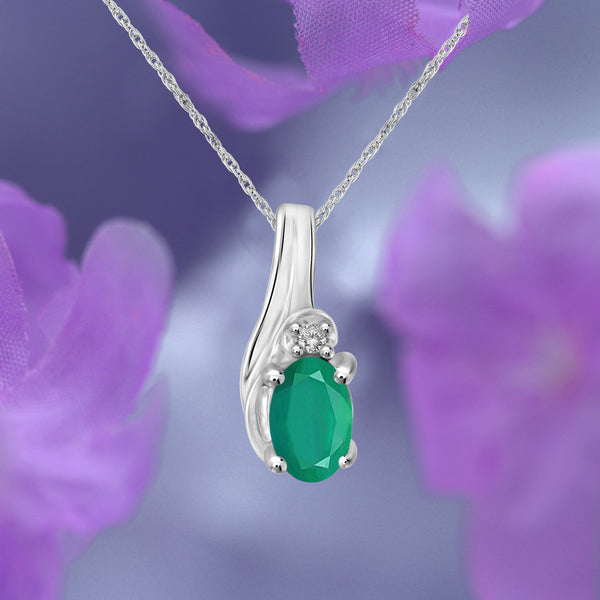 0.23 Ctw Genuine Emerald And White Diamond Accent Sterling Silver Pendant, 18"