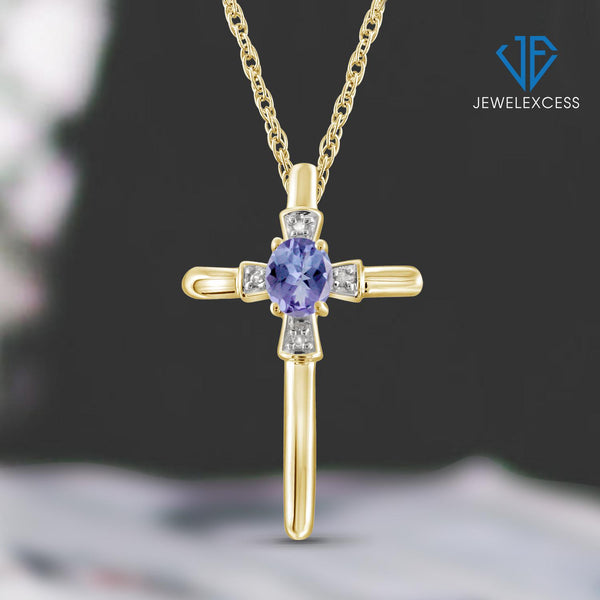 0.25 Carat Tanzanite and Accent White Diamonds Cross Pendant in 14K Gold Over Silver