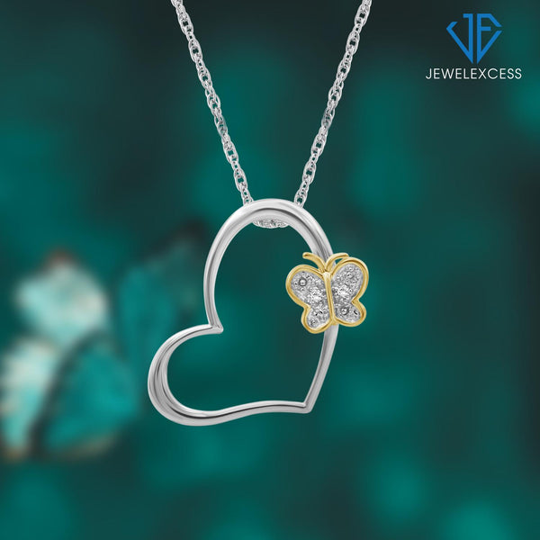 Accent White Diamond Two-Tone Sterling Silver Butterfly Heart Pendant