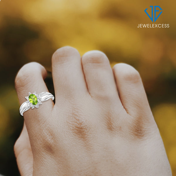 Peridot Ring Birthstone Jewelry – 0.50 Carat Peridot 0.925 Sterling Silver Ring Jewelry with White Diamond Accent – Gemstone Rings with Hypoallergenic 0.925 Sterling Silver Band