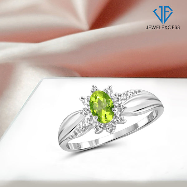 Peridot Ring Birthstone Jewelry – 0.50 Carat Peridot 0.925 Sterling Silver Ring Jewelry with White Diamond Accent – Gemstone Rings with Hypoallergenic 0.925 Sterling Silver Band