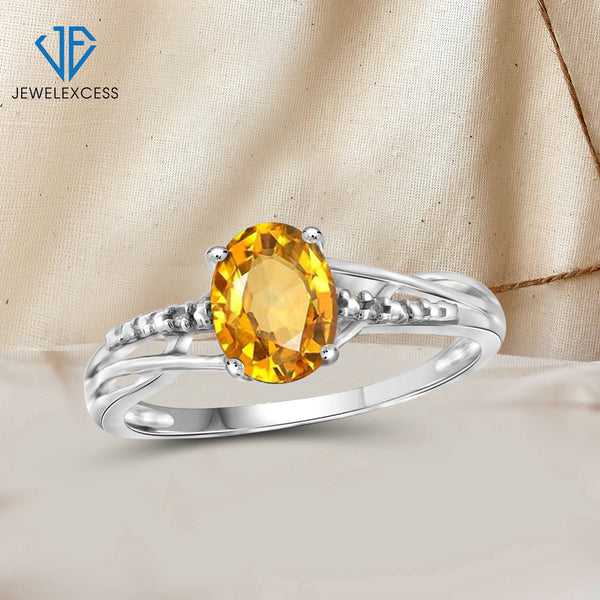 Citrine Ring Birthstone Jewelry – 1.10 Carat Citrine 0.925 Sterling Silver Ring Jewelry with White Diamond Accent – Gemstone Rings with Hypoallergenic 0.925 Sterling Silver Band