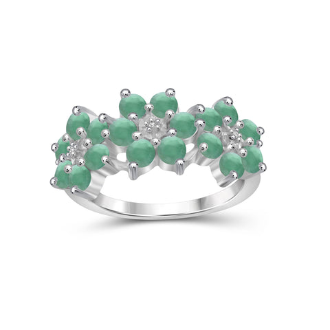 2.16 Carat T.G.W. Emerald Gemstone and White Diamond Accent Sterling Silver Flower Ring