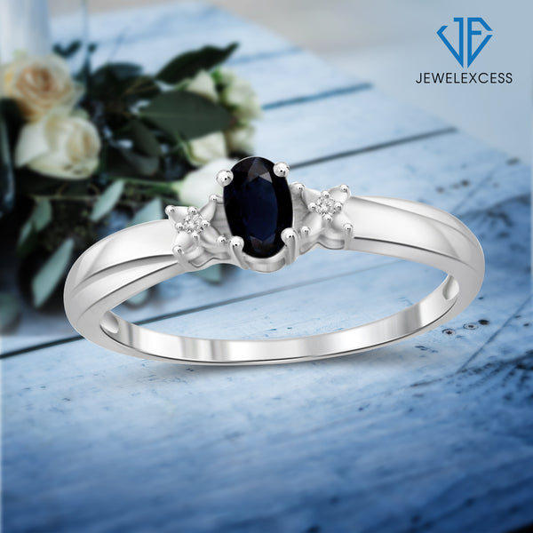 Sapphire Ring Birthstone Jewelry – 0.33 Carat Sapphire 0.925 Sterling Silver Ring Jewelry with White Diamond Accent – Gemstone Rings with Hypoallergenic 0.925 Sterling Silver Band