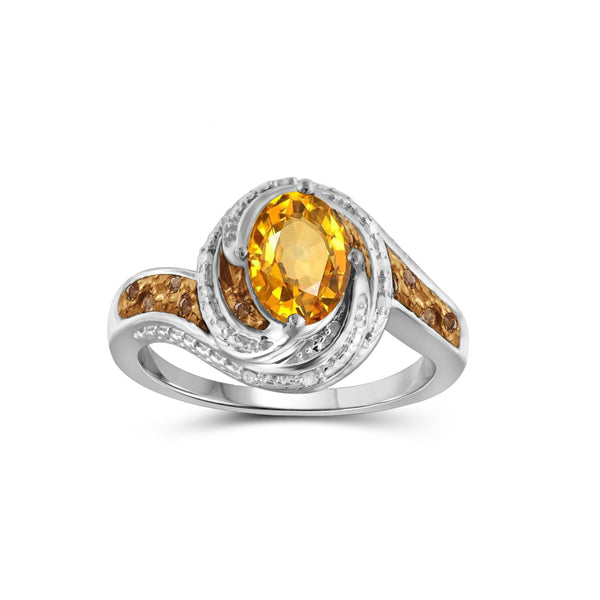 1.11 Carat T.G.W. Citrine Gemstone & 1/10 Carat T.W. Champagne & White Diamond Ring in Sterling Silver