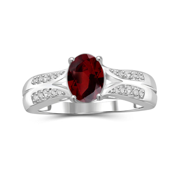 1.60 Carat Garnet Gemstone and 1/20 Carat White Diamond Sterling Silver Ring