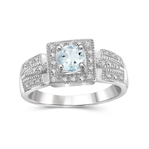 Aquamarine Ring Birthstone Jewelry – 0.50 Carat Aquamarine 0.925 Sterling Silver Ring Jewelry with White Diamond Accent – Gemstone Rings with Hypoallergenic 0.925 Sterling Silver Band