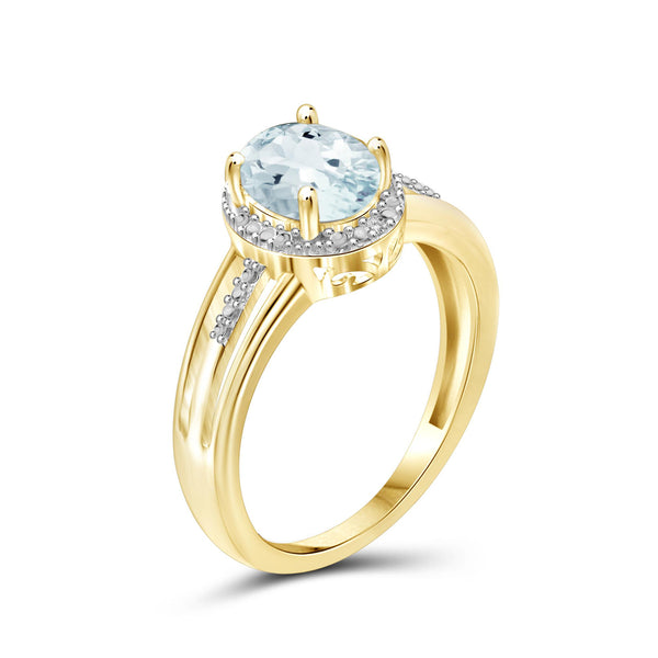 Aquamarine Ring Birthstone Jewelry – 1.15 Carat Aquamarine 14K Gold-Plated Ring Jewelry with White Diamond Accent – Gemstone Rings with Hypoallergenic 14K Gold-Plated Band