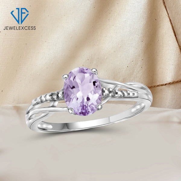 Pink Amethyst Ring Birthstone Jewelry – 1.10 Carat Pink Amethyst 0.925 Sterling Silver Ring Jewelry with White Diamond Accent – Gemstone Rings with Hypoallergenic 0.925 Sterling Silver Band
