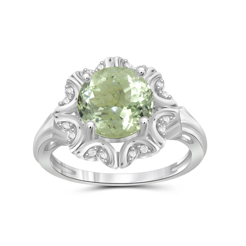 Green Amethyst Ring Birthstone Jewelry – 2.50 Carat Green Amethyst 0.925 Sterling Silver Ring Jewelry with White Diamond Accent – Gemstone Rings with Hypoallergenic 0.925 Sterling Silver Band