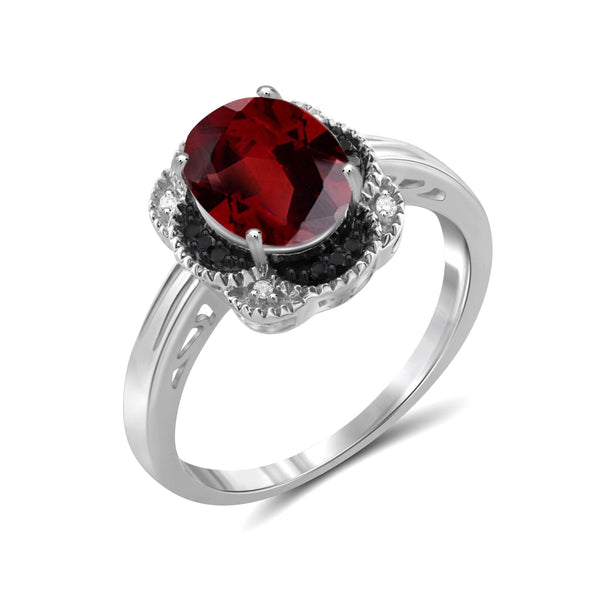 Garnet Ring Birthstone Jewelry – 2.20 Carat Garnet Sterling Silver Ring Jewelry with Black & White  Diamond Accent – Gemstone Rings with Hypoallergenic Sterling Silver Band