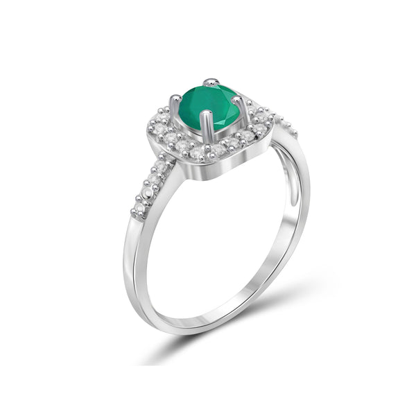 0.46 Carat T.G.W. Emerald Gemstone and 1/10 Carat T.W. White Diamond Sterling Silver Ring