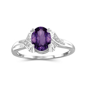 Amethyst Ring Birthstone Jewelry – 1.00 Carat Amethyst Sterling Silver Ring Jewelry with White Diamond Accent – Gemstone Rings with Hypoallergenic Sterling Silver Band