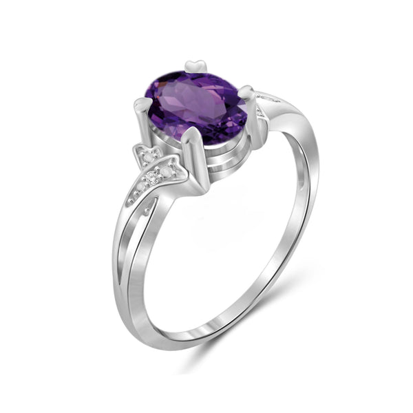 Amethyst Ring Birthstone Jewelry – 1.00 Carat Amethyst Sterling Silver Ring Jewelry with White Diamond Accent – Gemstone Rings with Hypoallergenic Sterling Silver Band