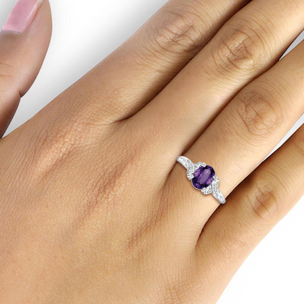 Amethyst Ring Birthstone Jewelry – 1.00 Carat Amethyst Sterling Silver Ring Jewelry with White Diamond Accent – Gemstone Rings with Hypoallergenic Sterling Silver Band